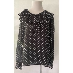 Vtg 90s Y2k Shear Polka Dot Top Black & White Ruffle Long Collar Sleeve Size Sm